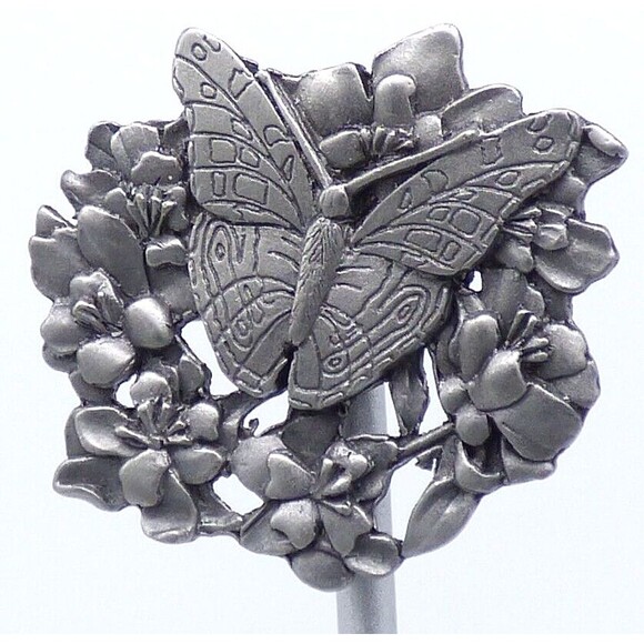 Butterfly and Flowers Brooch Scatter Pin Pewter Metal Birds & Bloom 1998 Vintage - Picture 5 of 12